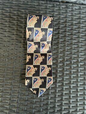 Henry Grethel Silk Necktie Black Gold Blue Paisley Geometric Squares Tie